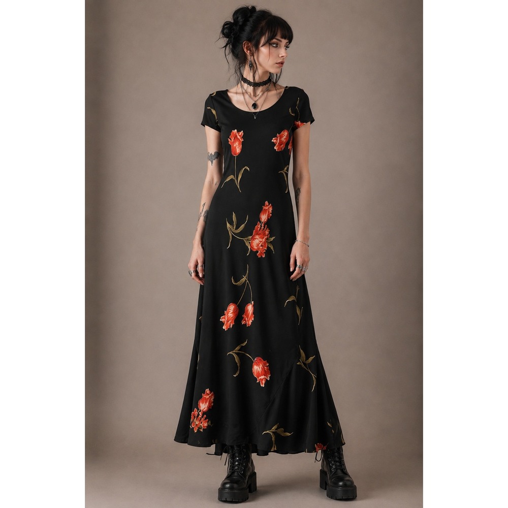 90s Jessica Howard Whimsigoth Floral Maxi Dress Black Orange Tulip 00 | XXS